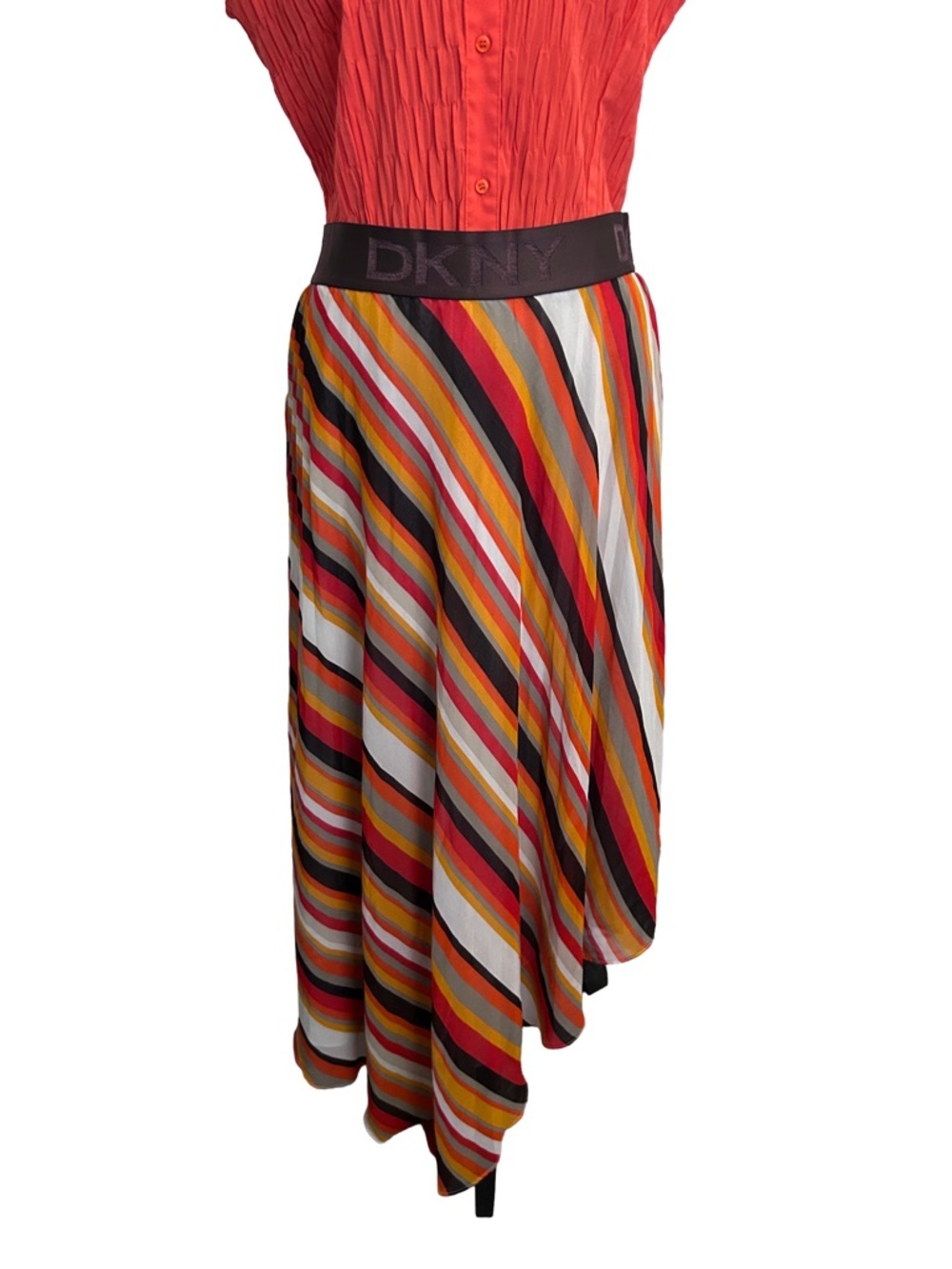 DKNY Logo Waistband Asymmetrical Multi Striped Midi Skirt Bold Streetwear Vibe